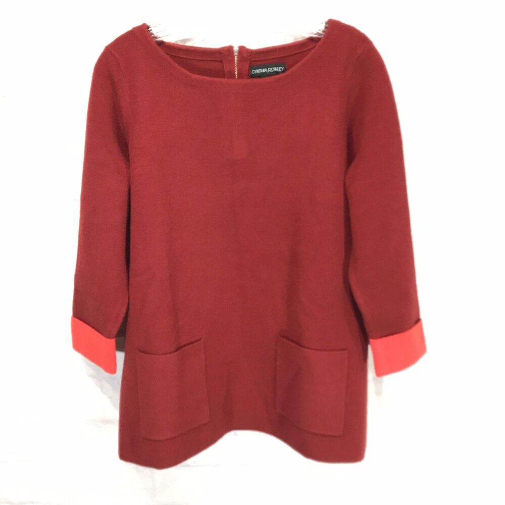 Cynthia Rowley Knit Sweater Red Maroon 3/4 Sleeve Stretch Tunic Top Size Large